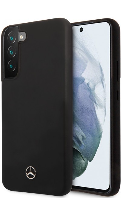 Coque Samsung Galaxy S22 - Mercedes officielle en silicone soft touch et logo métallique en relief - Noir