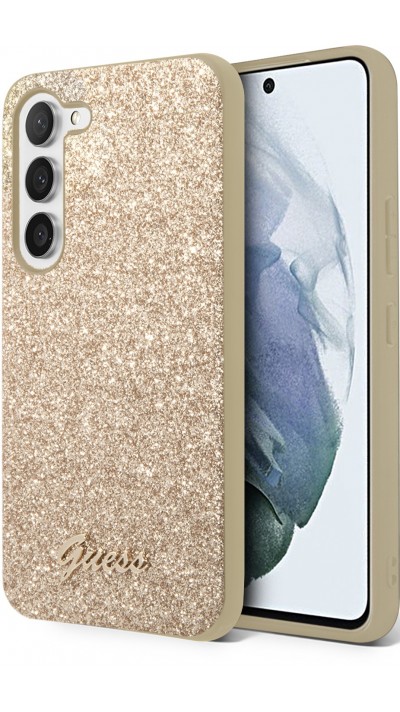 Coque Samsung Galaxy S23+ - Guess paillettes or avec logo en métal doré - Or
