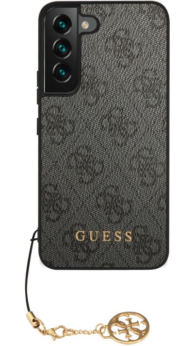 Coque Samsung Galaxy S23+ - Guess toile similicuir monogramme logo métallique doré avec pendentif charm - Noir