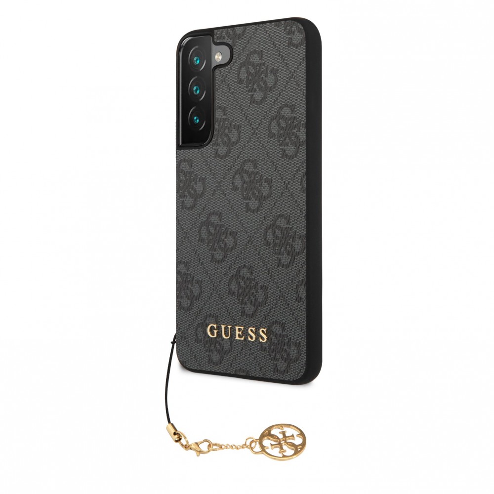 Coque Samsung Galaxy A55 5G - Guess toile similicuir monogramme logo métallique doré avec pendentif charm - Noir
