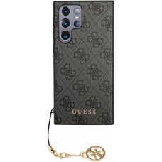 Coque Samsung Galaxy S23 Ultra - Guess toile similicuir monogramme logo métallique doré avec pendentif charm - Noir
