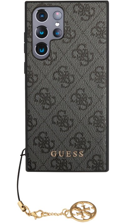 Coque Samsung Galaxy S23 Ultra - Guess toile similicuir monogramme logo métallique doré avec pendentif charm - Noir