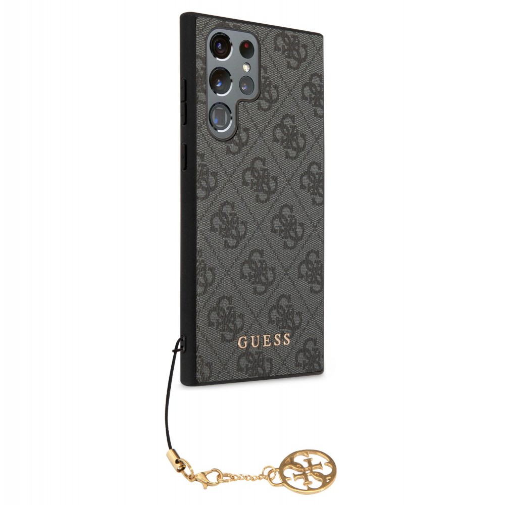 Coque Samsung Galaxy S23 Ultra - Guess toile similicuir monogramme logo métallique doré avec pendentif charm - Noir
