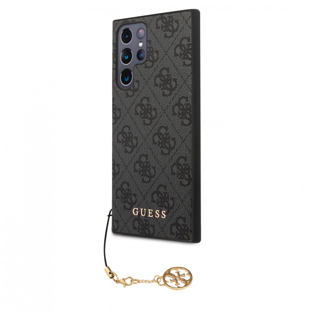 Coque Samsung Galaxy S23 Ultra - Guess toile similicuir monogramme logo métallique doré avec pendentif charm - Noir