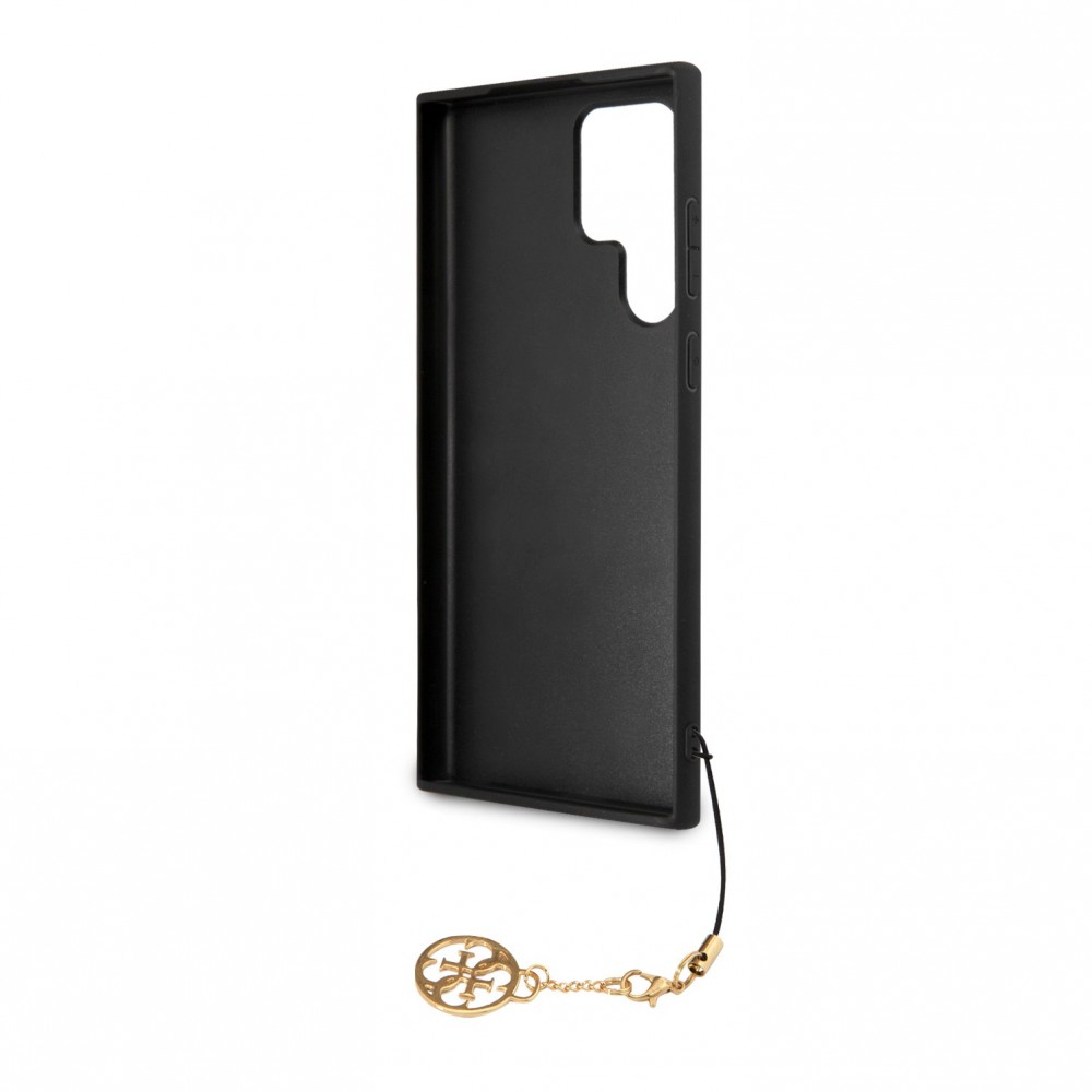 Coque Samsung Galaxy S23 Ultra - Guess toile similicuir monogramme logo métallique doré avec pendentif charm - Noir