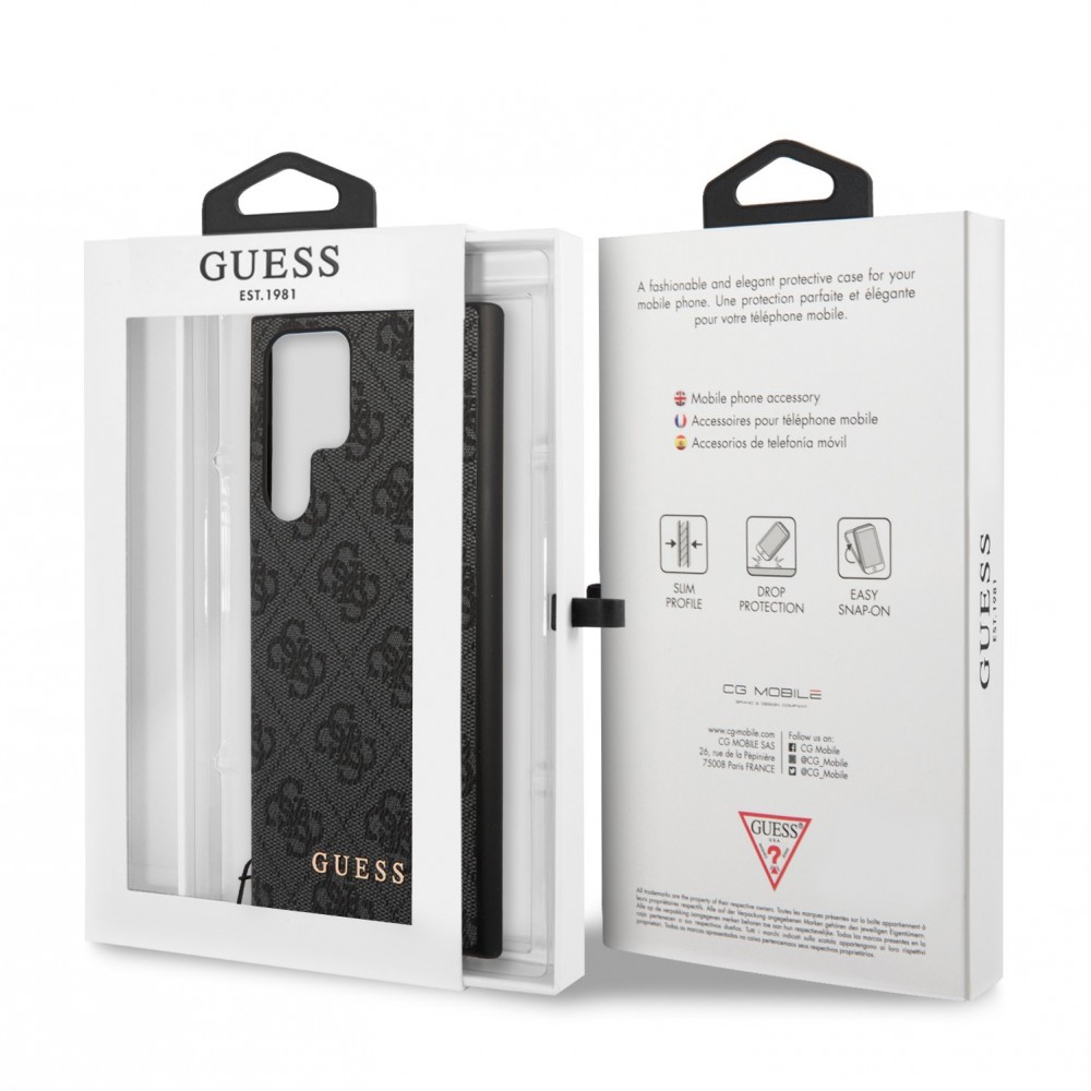 Coque Samsung Galaxy S23 Ultra - Guess toile similicuir monogramme logo métallique doré avec pendentif charm - Noir
