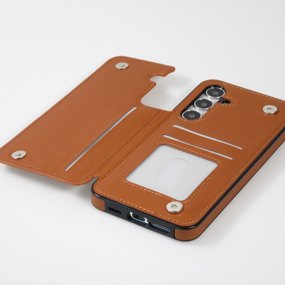 Coque Samsung Galaxy S24+ - Etui en silicone avec surface en similicuir et porte-monnaie pliable - Brun