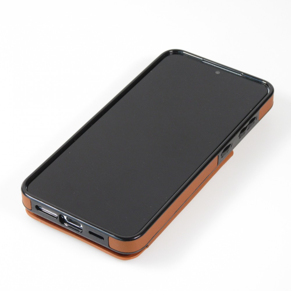Coque Samsung Galaxy S24+ - Etui en silicone avec surface en similicuir et porte-monnaie pliable - Brun