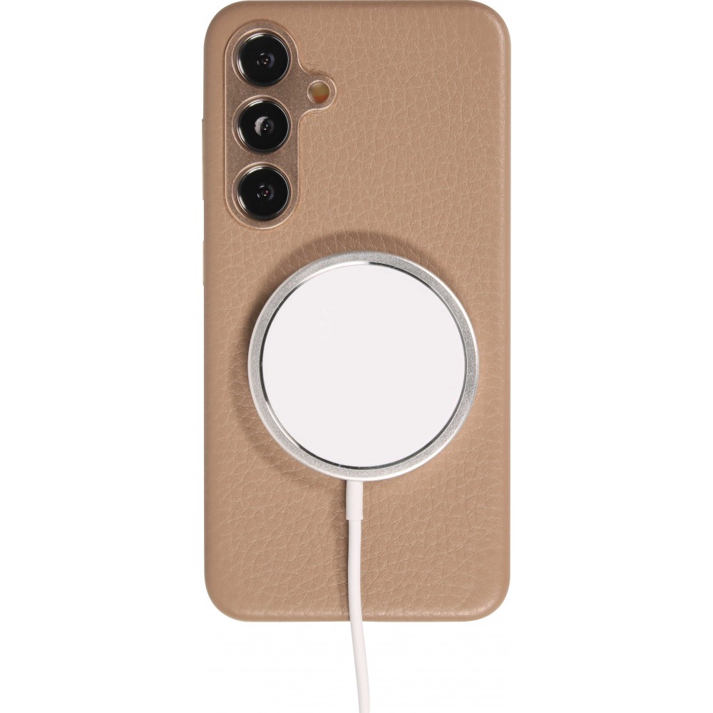 Coque Samsung Galaxy S24 - Cuir de veau luxe grainé intégral avec boutons métalliques et MagSafe - Beige