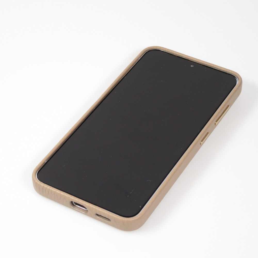 Coque Samsung Galaxy S24 - Cuir de veau luxe grainé intégral avec boutons métalliques et MagSafe - Beige