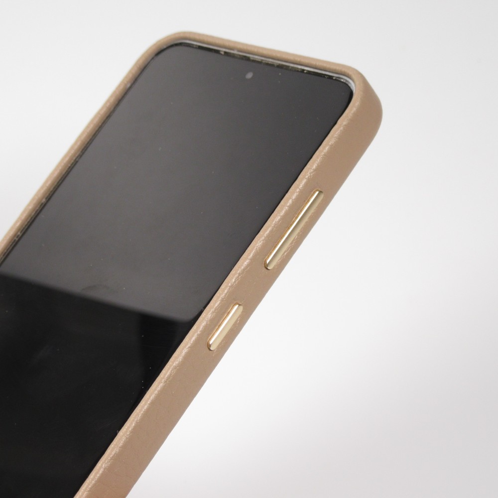 Coque Samsung Galaxy S24 - Cuir de veau luxe grainé intégral avec boutons métalliques et MagSafe - Beige