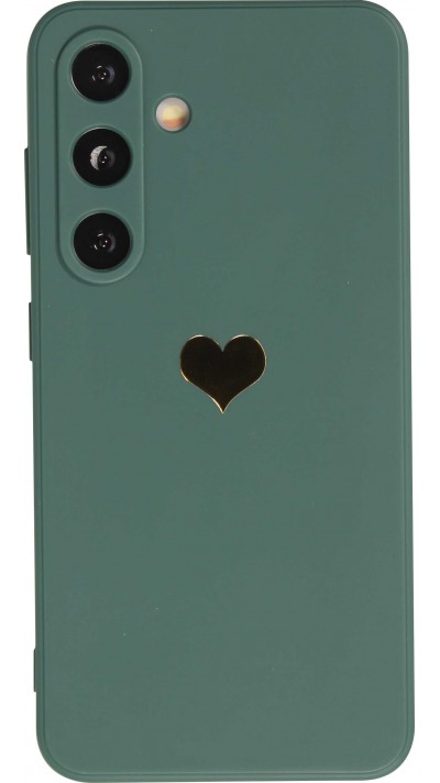 Coque Samsung Galaxy S24 - Silicone Mat Coeur doré - Vert foncé