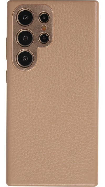 Coque Samsung Galaxy S24 Ultra - Cuir de veau luxe grain&eacute; int&eacute;gral avec boutons m&eacute;talliques et MagSafe - Beige