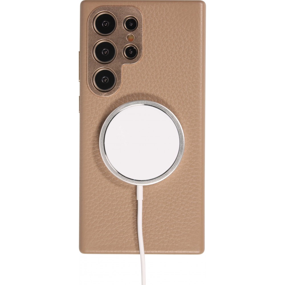 Galaxy S24 Ultra Case Hülle - Vollständig genarbtes Luxuskalbsleder mit Metallknöpfen und MagSafe - Beige