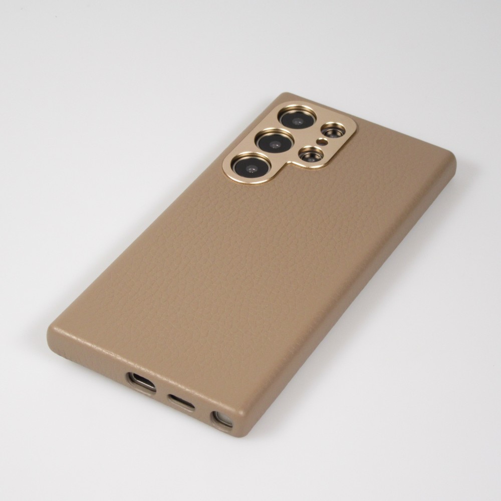 Galaxy S24 Ultra Case Hülle - Vollständig genarbtes Luxuskalbsleder mit Metallknöpfen und MagSafe - Beige
