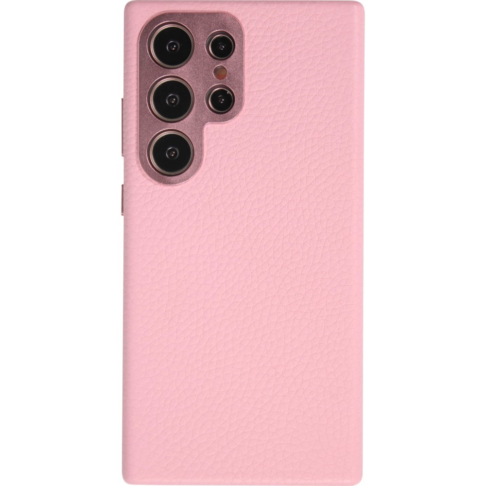 Coque Samsung Galaxy S24 Ultra - Cuir de veau luxe grainé intégral avec boutons métalliques et MagSafe - Rose