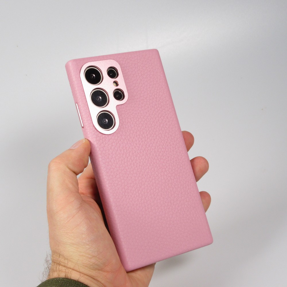 Coque Samsung Galaxy S24 Ultra - Cuir de veau luxe grainé intégral avec boutons métalliques et MagSafe - Rose