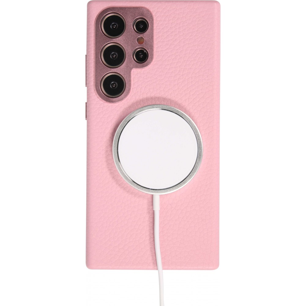 Coque Samsung Galaxy S24 Ultra - Cuir de veau luxe grainé intégral avec boutons métalliques et MagSafe - Rose