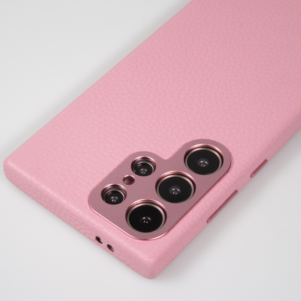 Coque Samsung Galaxy S24 Ultra - Cuir de veau luxe grainé intégral avec boutons métalliques et MagSafe - Rose
