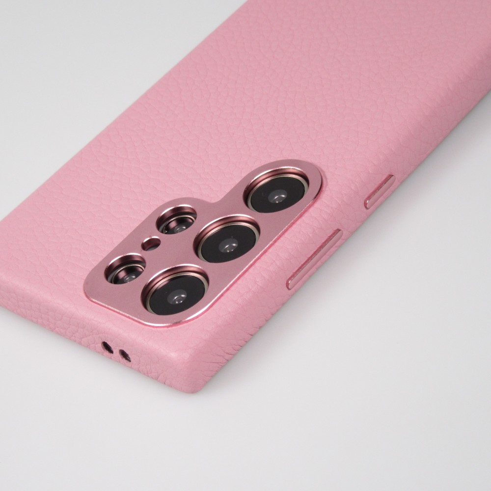Coque Samsung Galaxy S24 Ultra - Cuir de veau luxe grainé intégral avec boutons métalliques et MagSafe - Rose