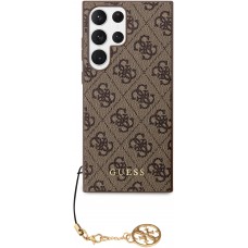 Coque Samsung Galaxy S23 Ultra - Guess toile similicuir monogramme logo métallique doré avec pendentif charm - Brun