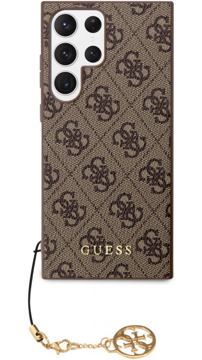 Coque Samsung Galaxy S23 Ultra - Guess toile similicuir monogramme logo métallique doré avec pendentif charm - Brun