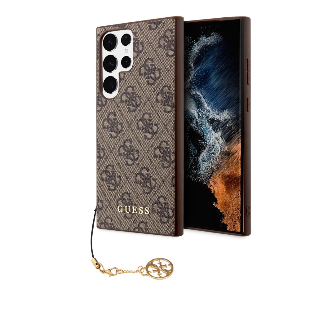 Coque Samsung Galaxy S23 Ultra - Guess toile similicuir monogramme logo métallique doré avec pendentif charm - Brun
