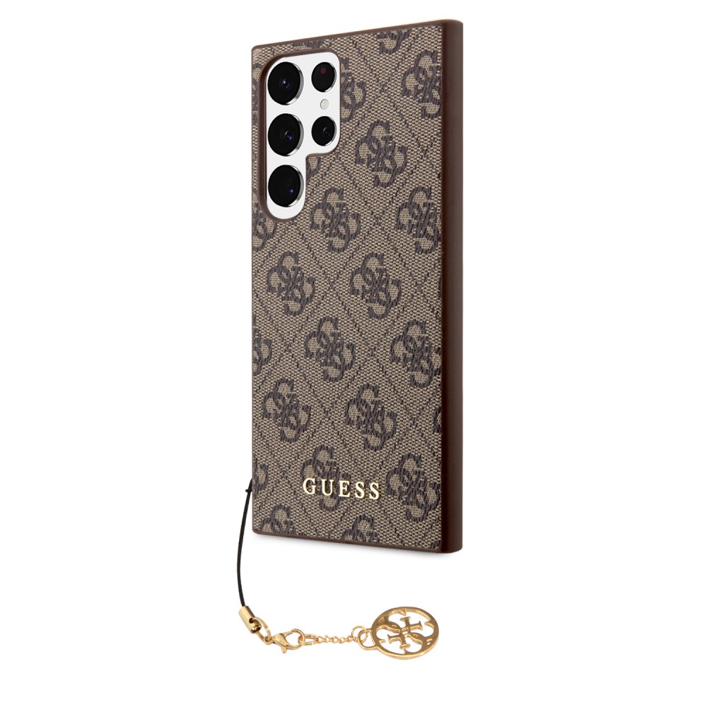 Coque Samsung Galaxy S23 Ultra - Guess toile similicuir monogramme logo métallique doré avec pendentif charm - Brun