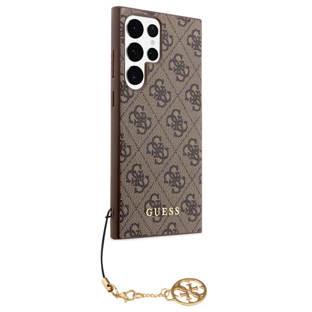 Coque Samsung Galaxy S23 Ultra - Guess toile similicuir monogramme logo métallique doré avec pendentif charm - Brun