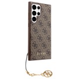 Coque Samsung Galaxy S23 Ultra - Guess toile similicuir monogramme logo métallique doré avec pendentif charm - Brun