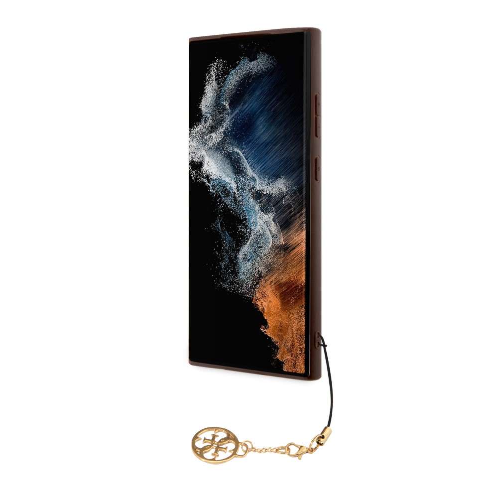 Coque Samsung Galaxy S23 Ultra - Guess toile similicuir monogramme logo métallique doré avec pendentif charm - Brun