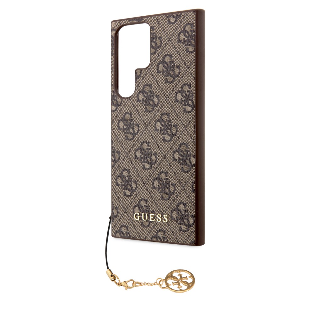 Coque Samsung Galaxy S23 Ultra - Guess toile similicuir monogramme logo métallique doré avec pendentif charm - Brun