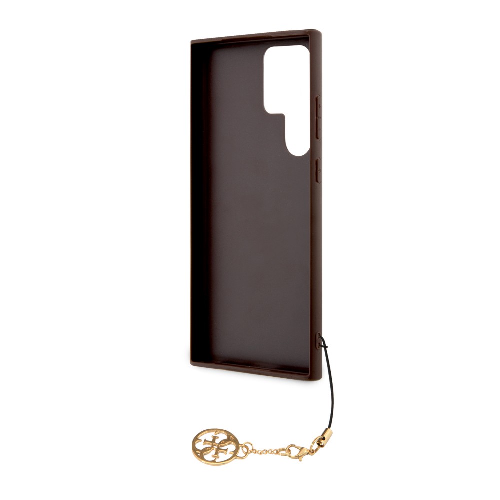 Coque Samsung Galaxy S23 Ultra - Guess toile similicuir monogramme logo métallique doré avec pendentif charm - Brun