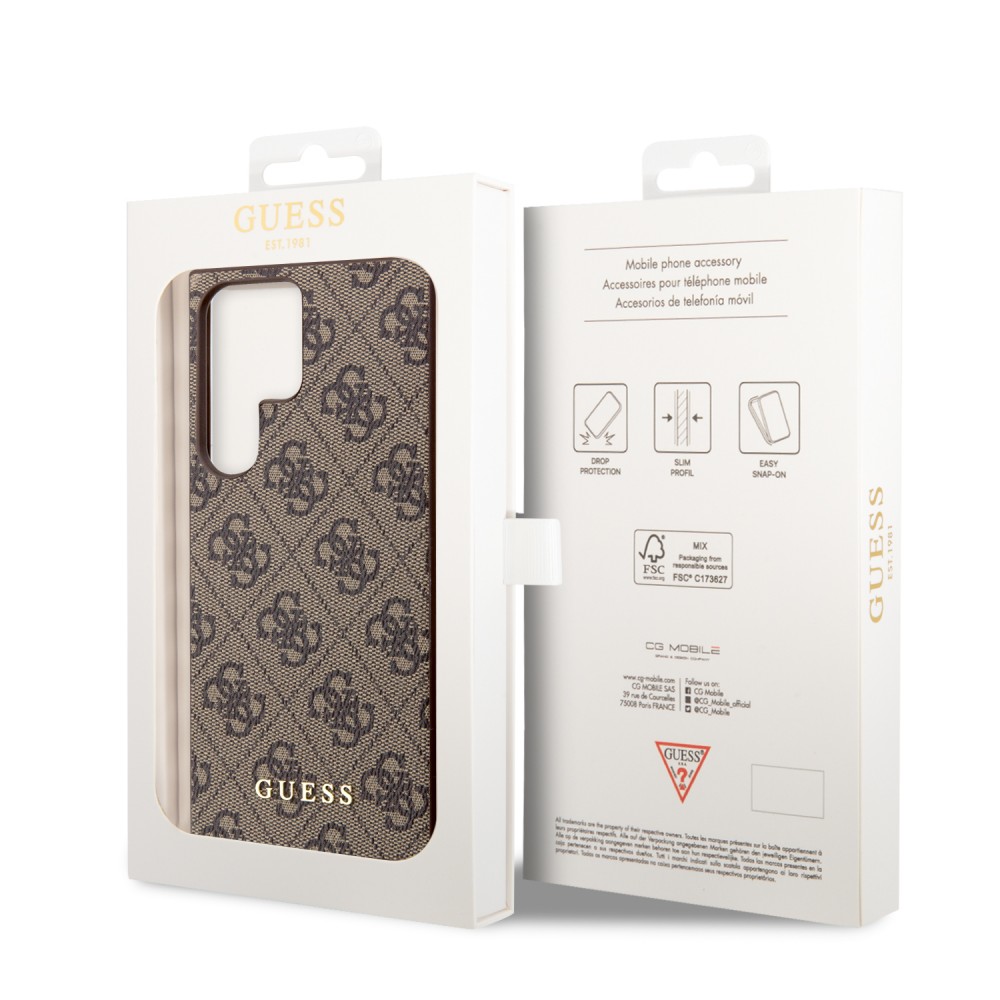 Coque Samsung Galaxy S23 Ultra - Guess toile similicuir monogramme logo métallique doré avec pendentif charm - Brun