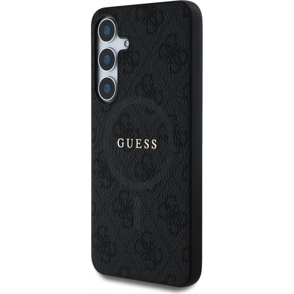Coque Samsung Galaxy S25 - Guess monogramme similicuir avec MagSafe intégré et logo doré - Noir