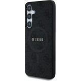 Coque Samsung Galaxy S25 - Guess monogramme similicuir avec MagSafe intégré et logo doré - Noir