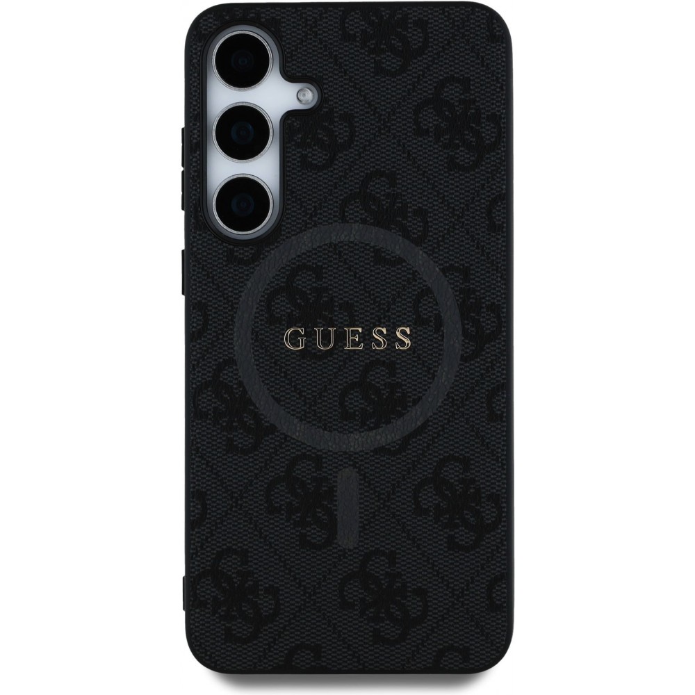 Coque Samsung Galaxy S25 - Guess monogramme similicuir avec MagSafe intégré et logo doré - Noir