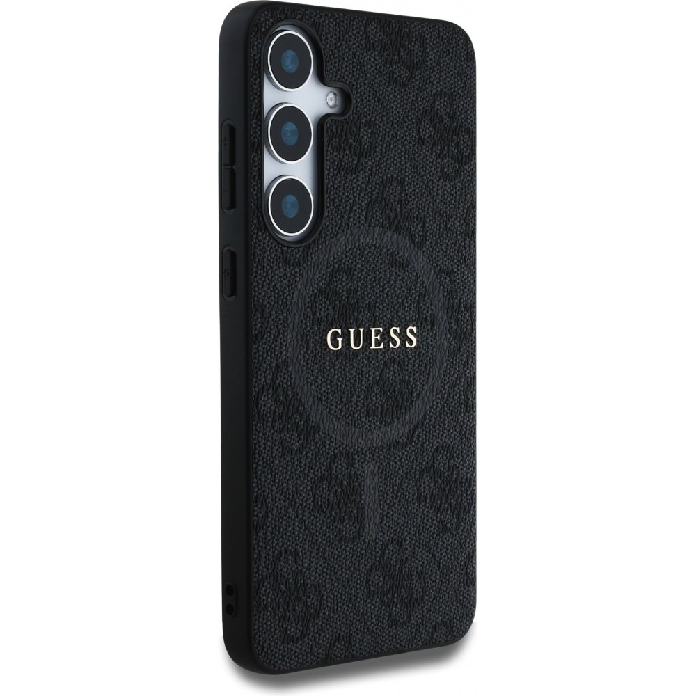 Coque Samsung Galaxy S25 - Guess monogramme similicuir avec MagSafe intégré et logo doré - Noir