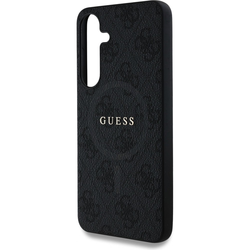 Coque Samsung Galaxy S25 - Guess monogramme similicuir avec MagSafe intégré et logo doré - Noir