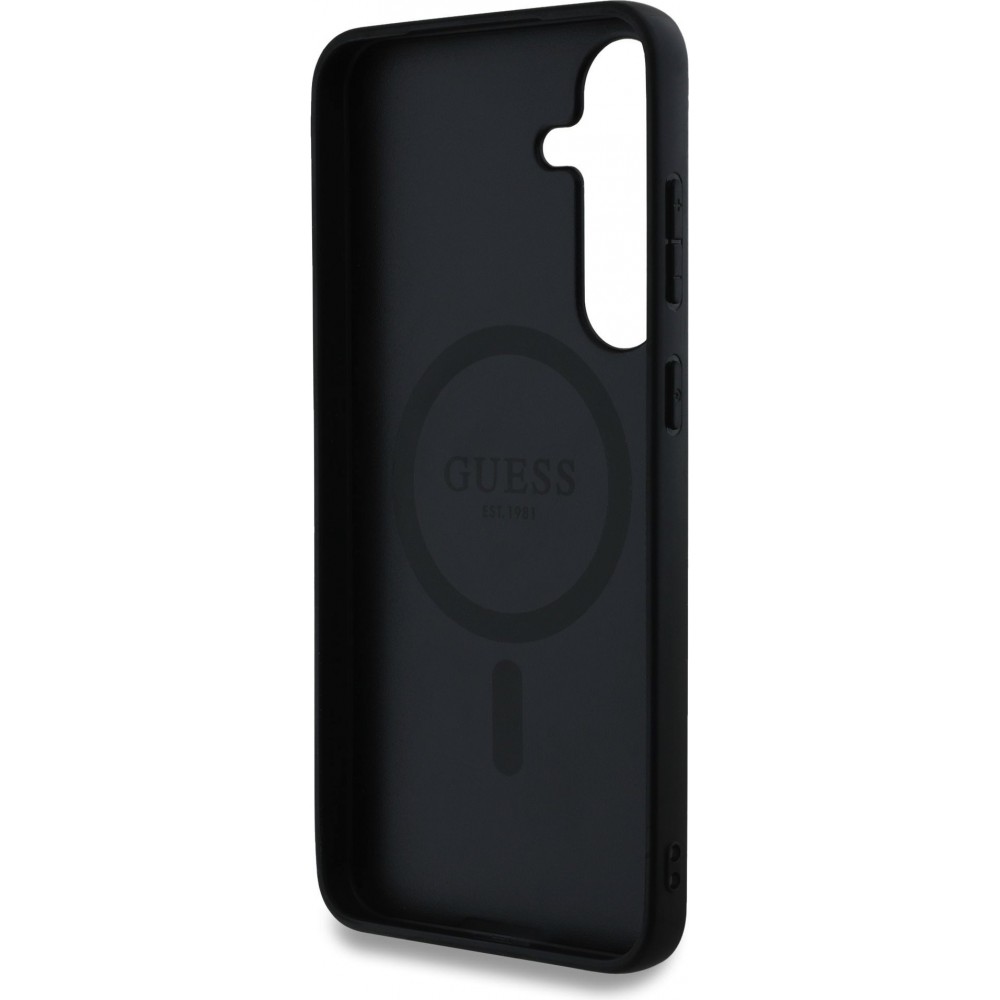 Coque Samsung Galaxy S25 - Guess monogramme similicuir avec MagSafe intégré et logo doré - Noir