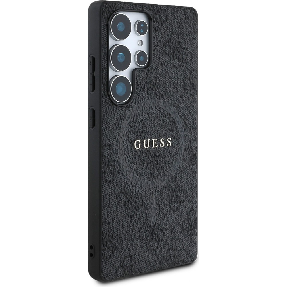 Coque Samsung Galaxy S25 Ultra - Guess monogramme similicuir avec MagSafe intégré et logo doré - Noir
