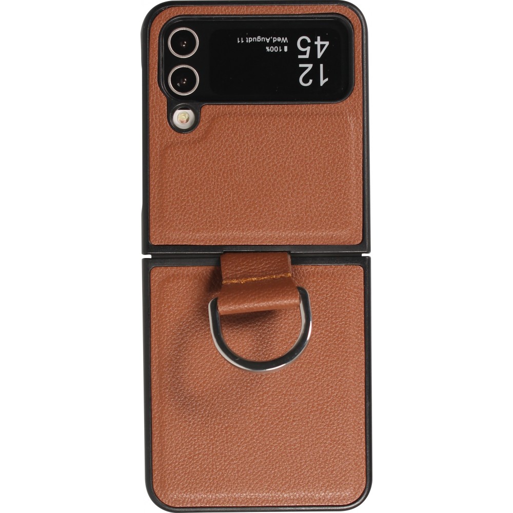 Coque Samsung Galaxy Z Flip4 - Design en cuir avec anneau de support - Brun