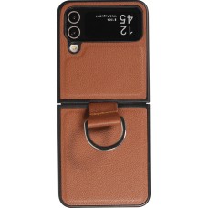 Coque Samsung Galaxy Z Flip4 - Design en cuir avec anneau de support - Brun