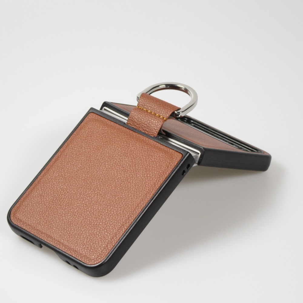 Coque Samsung Galaxy Z Flip4 - Design en cuir avec anneau de support - Brun