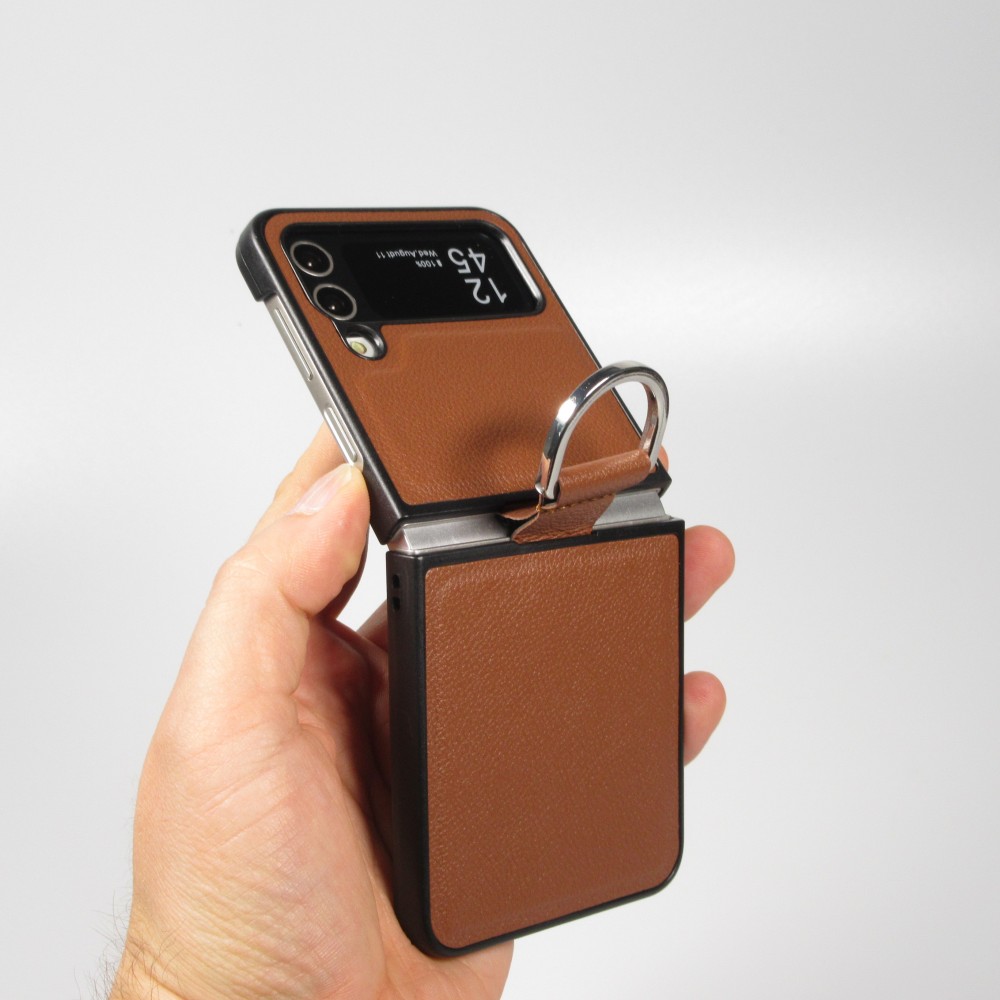 Coque Samsung Galaxy Z Flip4 - Design en cuir avec anneau de support - Brun