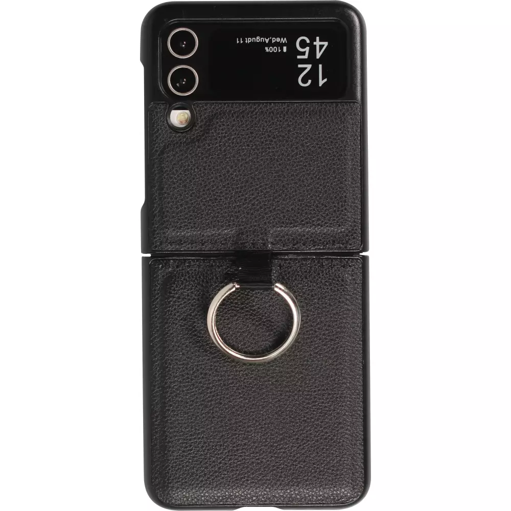 Galaxy Z Flip4 Case Hülle - Leder Design mit Haltering - Schwarz