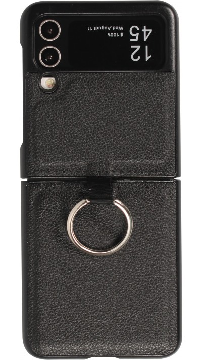 Coque Samsung Galaxy Z Flip5 - Design en cuir avec anneau de support - Noir