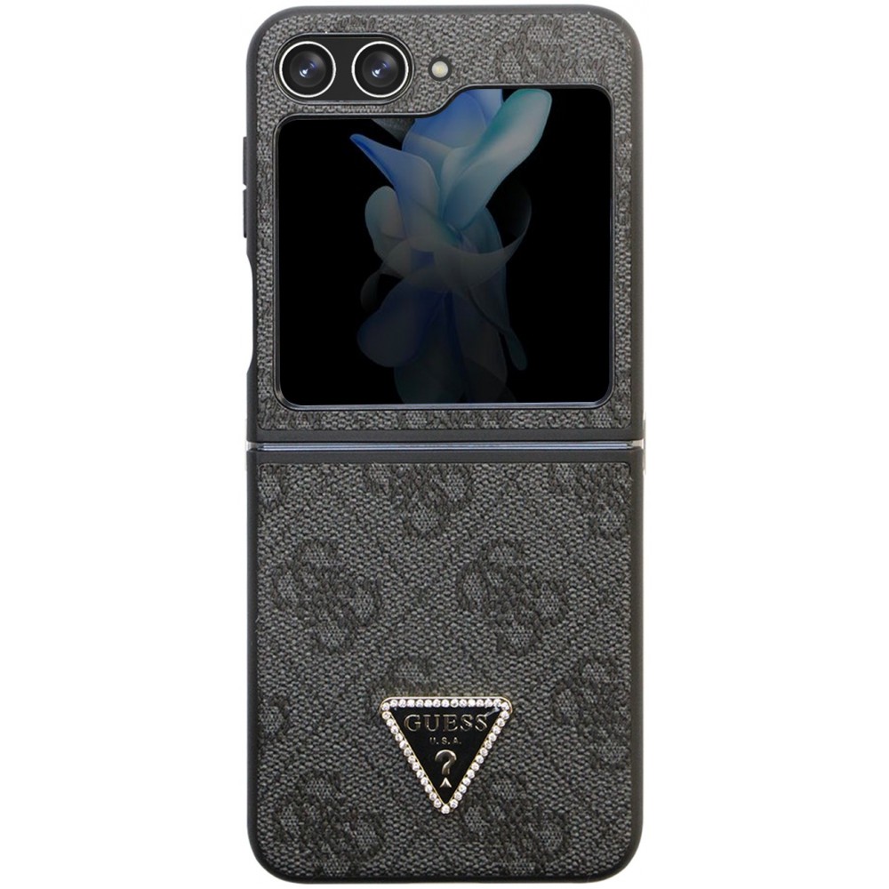 Coque Samsung Galaxy Z Flip5 - Guess monogramme similicuir logo métal et strass - Noir
