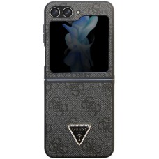 Coque Samsung Galaxy Z Flip5 - Guess monogramme similicuir logo métal et strass - Noir