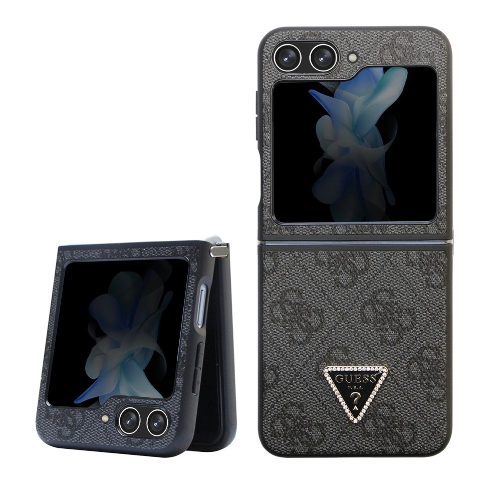 Coque Samsung Galaxy Z Flip5 - Guess monogramme similicuir logo métal et strass - Noir